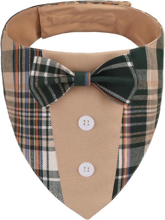 ADOGGYGO Fall Dog Tuxedo Bandana, Brown Plaid Dog Bow Tie Collar, Small