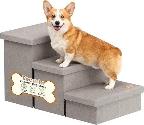 Zerbuger Dog Stairs with Storage, Grey 3 Steps Dog Ramp No Condo for Bed