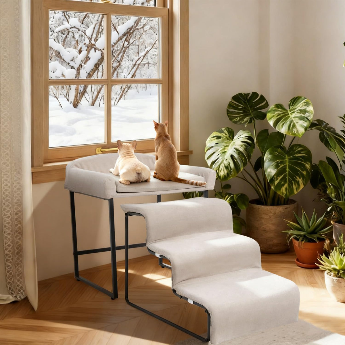 Dog Window Perch with Removable Stairs, Cat Window Seat with Cushioned Platform, Non-Slip Bedside Foam Pet Bed for Cats and Dogs, Beige