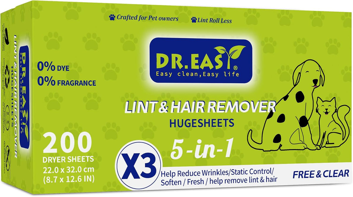 Dr.Easy LINT & HAIR REMOVER Pet HUGESHEETS with 3X Dryer Sheets, Free & Clean, 200 Count,Plant&Mineral-Based FORMULA