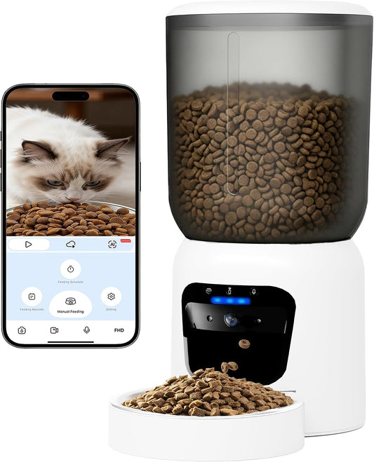 Automatic Cat Feeder with 2K Camera, 5G Wifi Smart Pet Food Dispenser for Cats & Small Dogs, 6L Large Capacity Timed Auto Feeder with App Control, Night Vision, 2-Way Audio & Detachable Design (White)