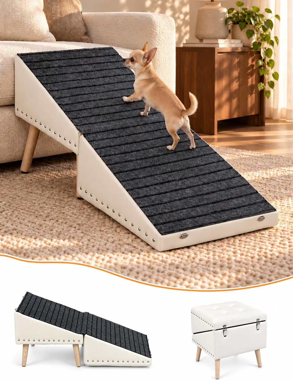 Dog Stairs for Couch, 3-In-1 Dog Safety Ramp and Storage Ottoman