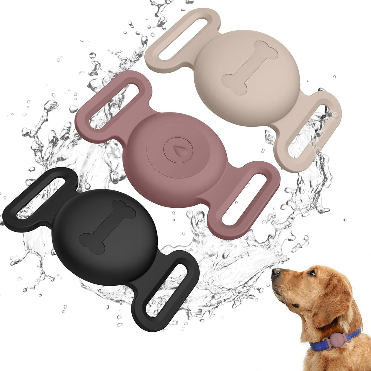 Vanjua Case for Airtag Dog Collar Holder, 3 Pack Soft Silicone Anti-Lost Waterproof Protective Case Cover Compatible with Apple Airtag 2Nd & 1St Gen, for Pet Dog Collars Holder (Black+Smokpurpl+Stone)