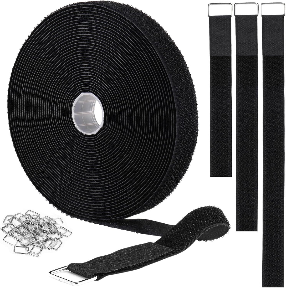 YMCRLUX 1"X32Ft Hook and Loop Straps with 50 Metal Buckles, Adjustable Fastening Cable Straps, Cut-To-Length Cinch Strap, Reusable Nylon Securing Cord Ties for Organizer or Storage, 1 Inch Wide, Black
