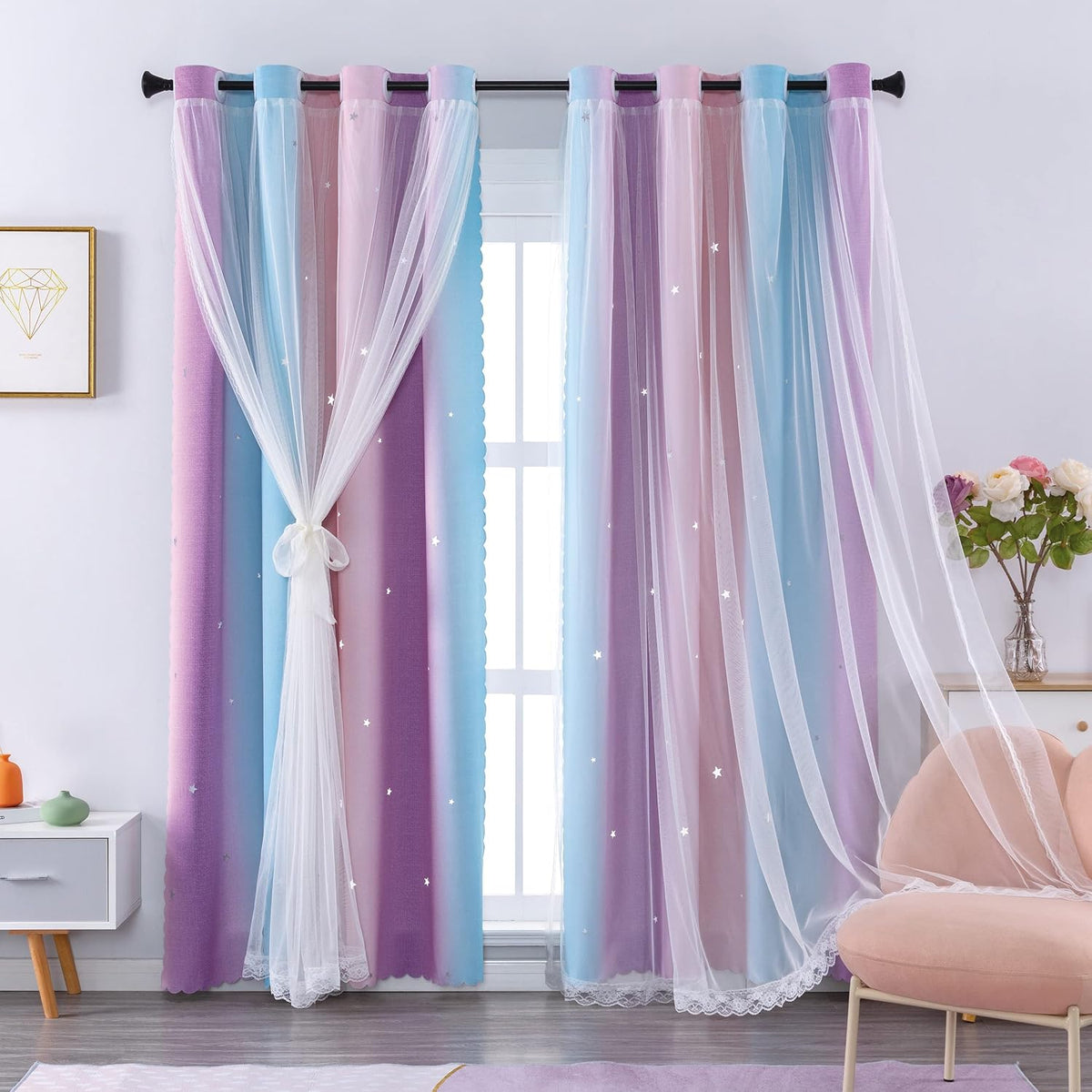Xidi Blackout Curtains for Girls Bedroom Decor Pink Kids Rainbow Curtains