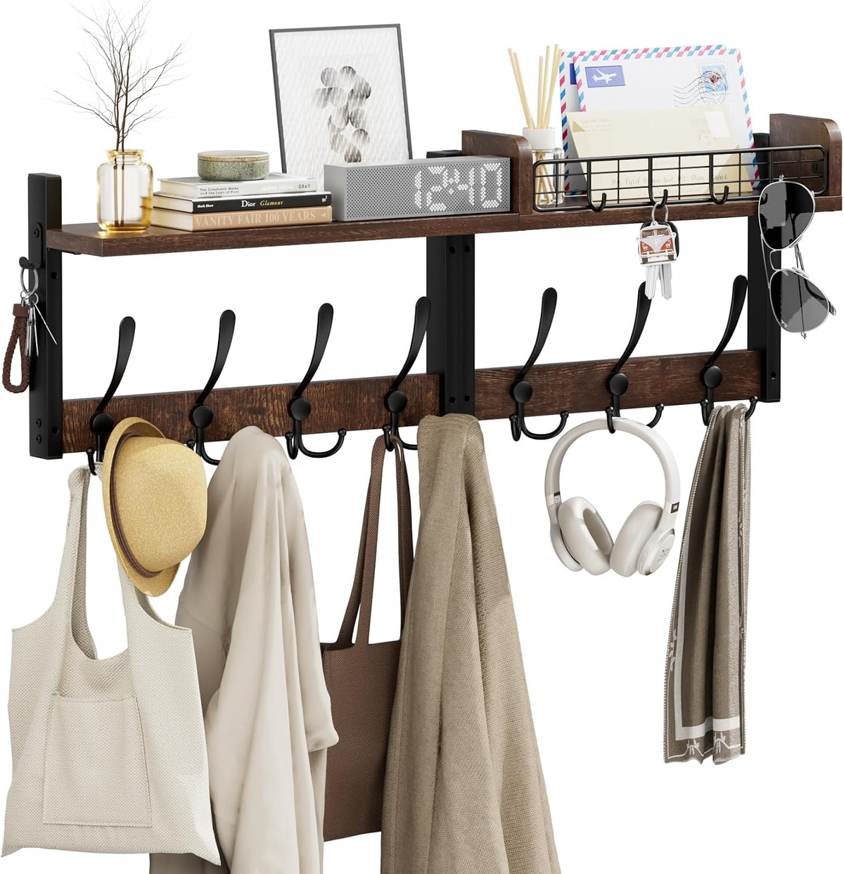 Hanyi 29" Modular Coat Rack Wall Mount with Shelf, 7 Triple Hooks, Brown