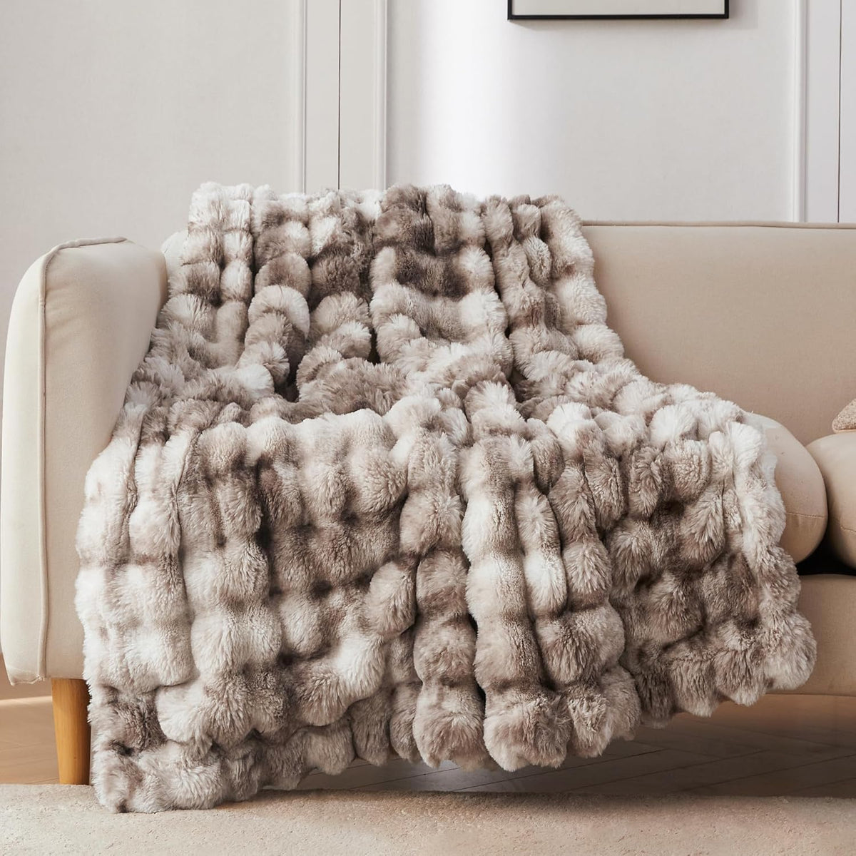 COOVA Soft Bubble Faux Fur Throw Blanket, 50"X60", Tie-Dye Brown