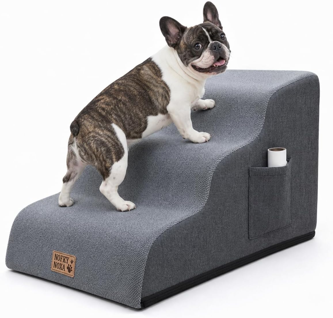 3-Step Dog Stairs for Small Dogs & Cats, 15.7" H Non-Slip Pet Steps with Side Storage Pocket, Sturdy High Density Foam Dog Ramp for Sofa, Couch & Chair, Washable Cover, Grey
