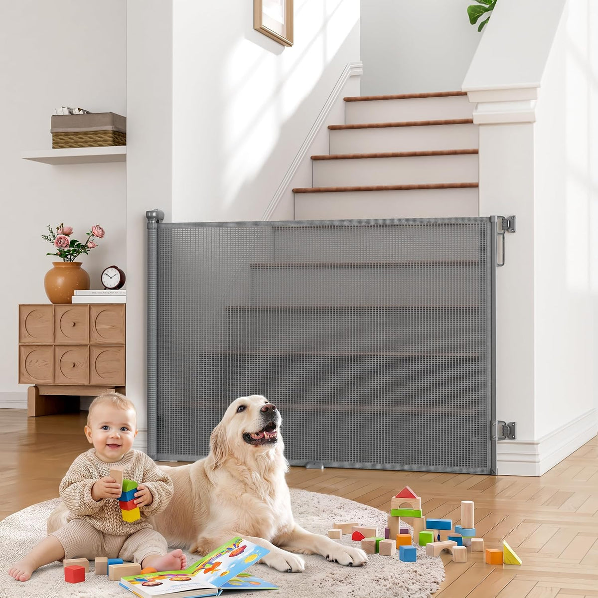 Retractable Baby Gate for Stairs, Dog Gate Indoor 55" Wide × 34" Tall Gray.