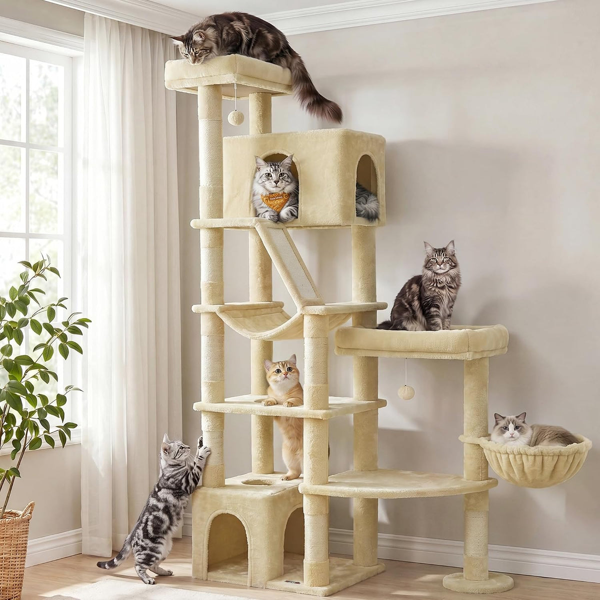 Feandrea Large Cat Tree, 74.1" Tall Sturdy Cat Tower for Indoor, Beige