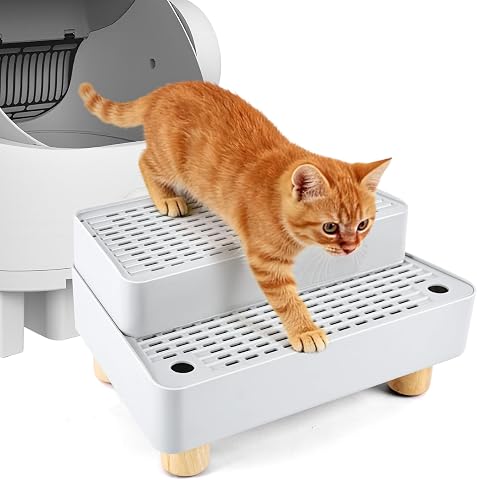 Litter Box Step, Litter Box Ramp/Catcher with Wooden Base, Anti-Tracking & Easy to Clean, Ideal for Small & Elderly Cats 11.8"X7.9"X3.6" (Gray)