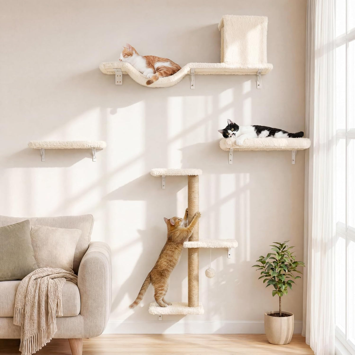 Cat Wall Shelves & Climber for Kittens Solid Wood Cat Climbing Frame – 4-Level Wall Mounted Cat Tree with Natural Sisal Pads, Adjustable Tower for Indoor Cats, Suit for Climb, Play, Nap (37 Inches)