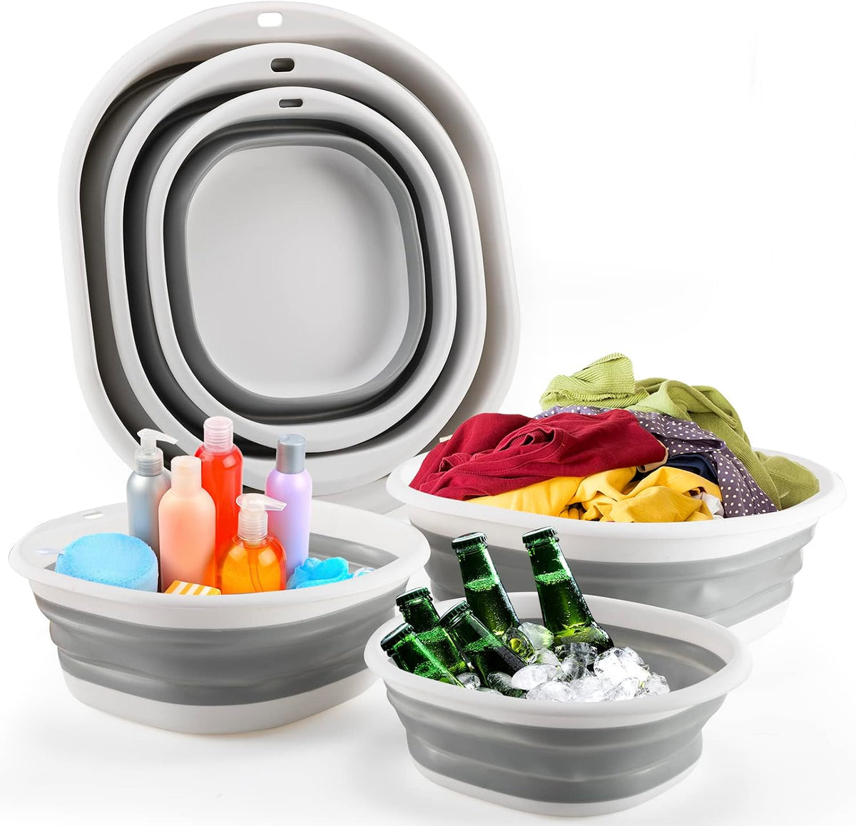 3 Pack Collapsible Wash Basin Set for Kitchen, Dishing, Laundry & Camping