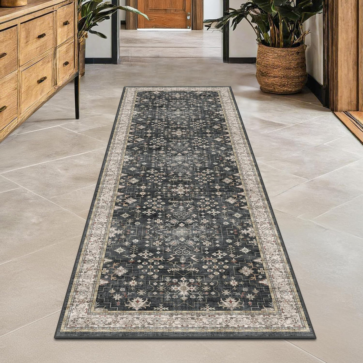 Black Boho Washable 2X6 Runner Rugs for Hallway Kitchen Bedroom beside Laundry Room Bathroom Rug, Pet & Kids Friendly, Non Slip Low Pile Stain Resistant Soft Foldable Long 24 X 72 Floor Carpet