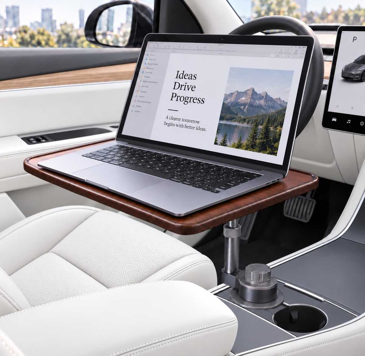 Car Cup Holder Tray Table, 360°Rotating Adjustable Car Desk for Laptop & Eating, Walnut Wood Cup Holder Tray, Fits round Cup Holders 2.6"-3.65", Compatible with Tesla Model 3/Y/S and Most Vehicles
