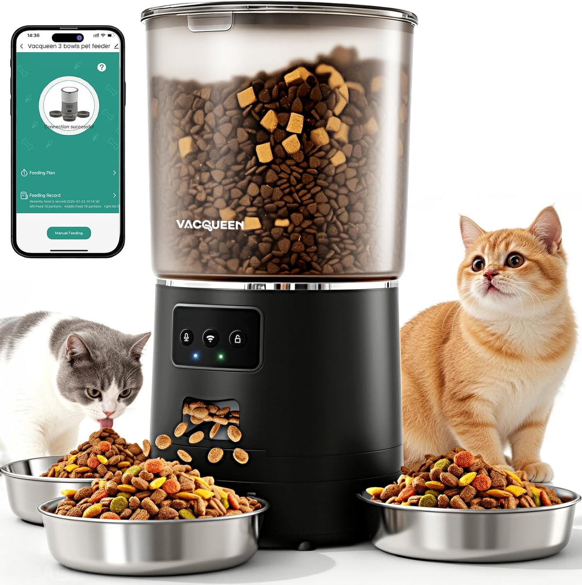 Automatic Cat Feeder for 3 Cats with Wifi Control, Anti-Jam System, 6L