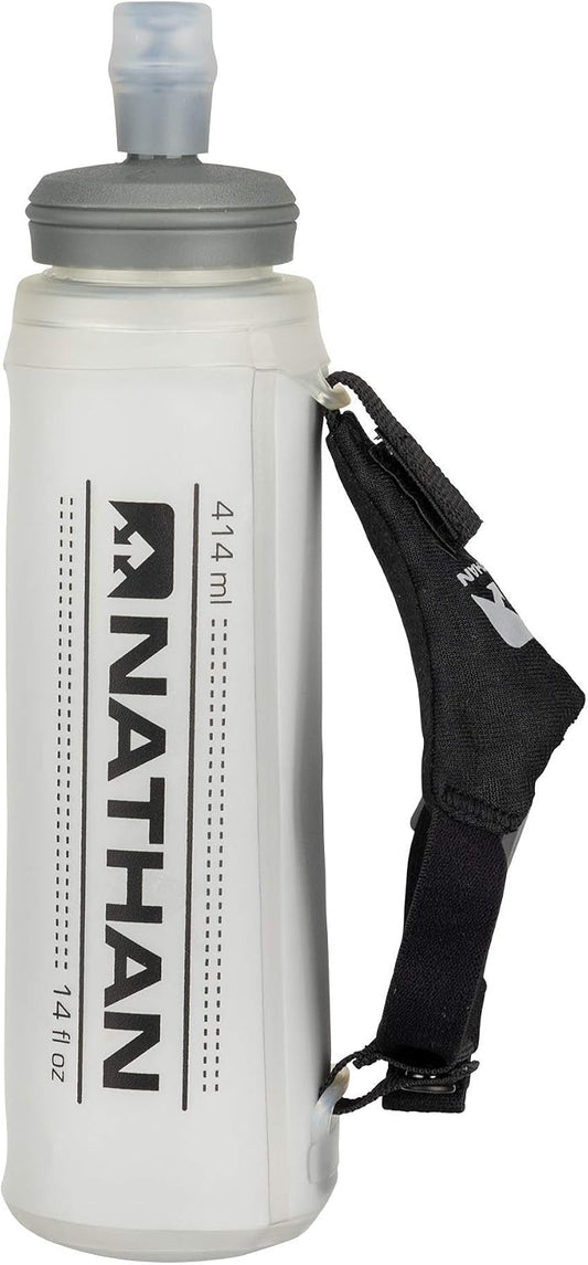 Nathan Exodraw & Exoshot 2.0 Flask, Handheld Water Bottle for Marathons, Hiking, Ultra Running and Outdoor Activity, Reflective Silver, 14 Ounces
