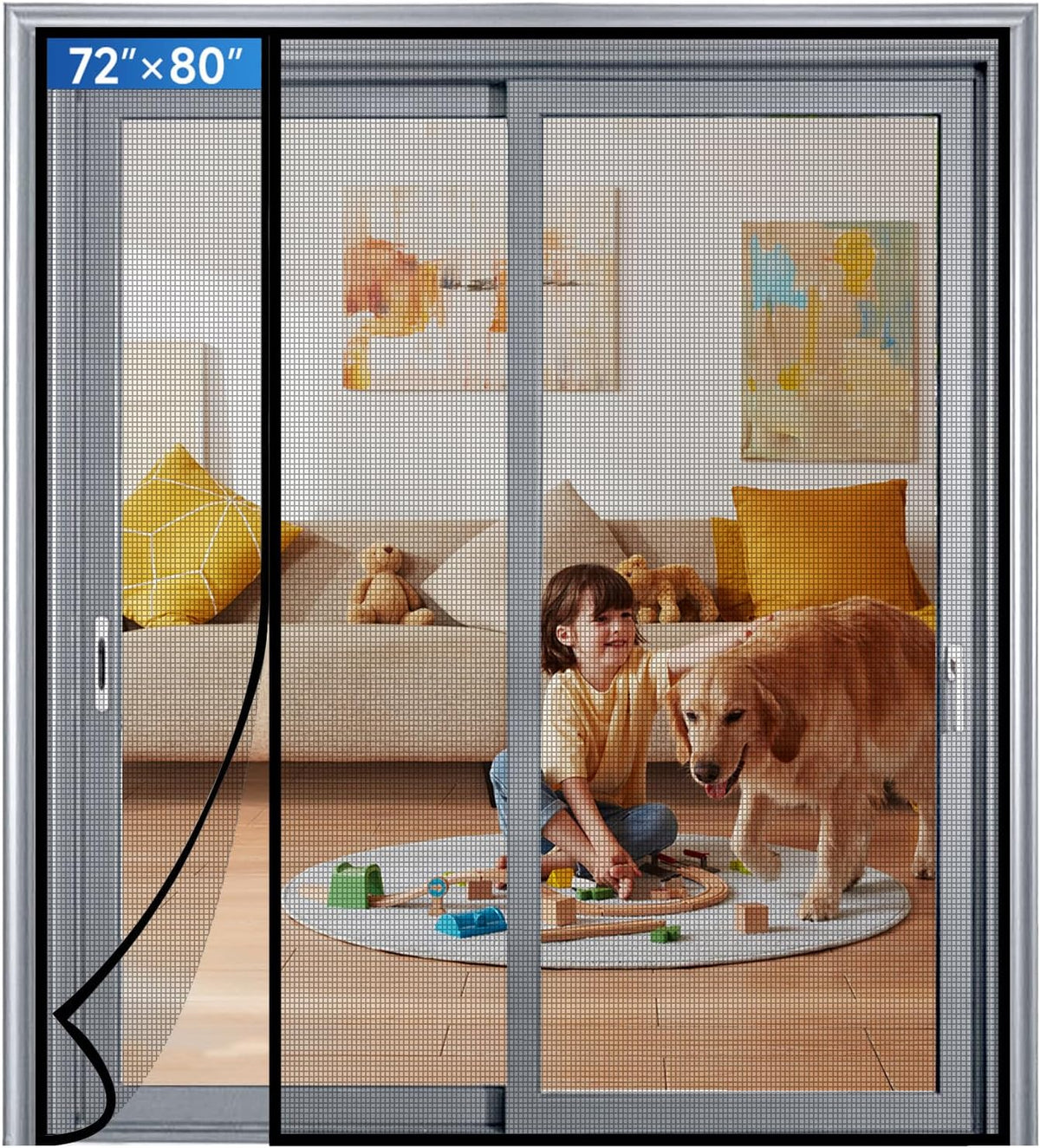 Magnetic Screen Door Mesh Left Right Side Opening Upgraded PET Material Mesh Stronger than Fiberglass and Polyester,Keep Bugs Out,Pet & Kid Friendly Screen Size 74'' X 82''
