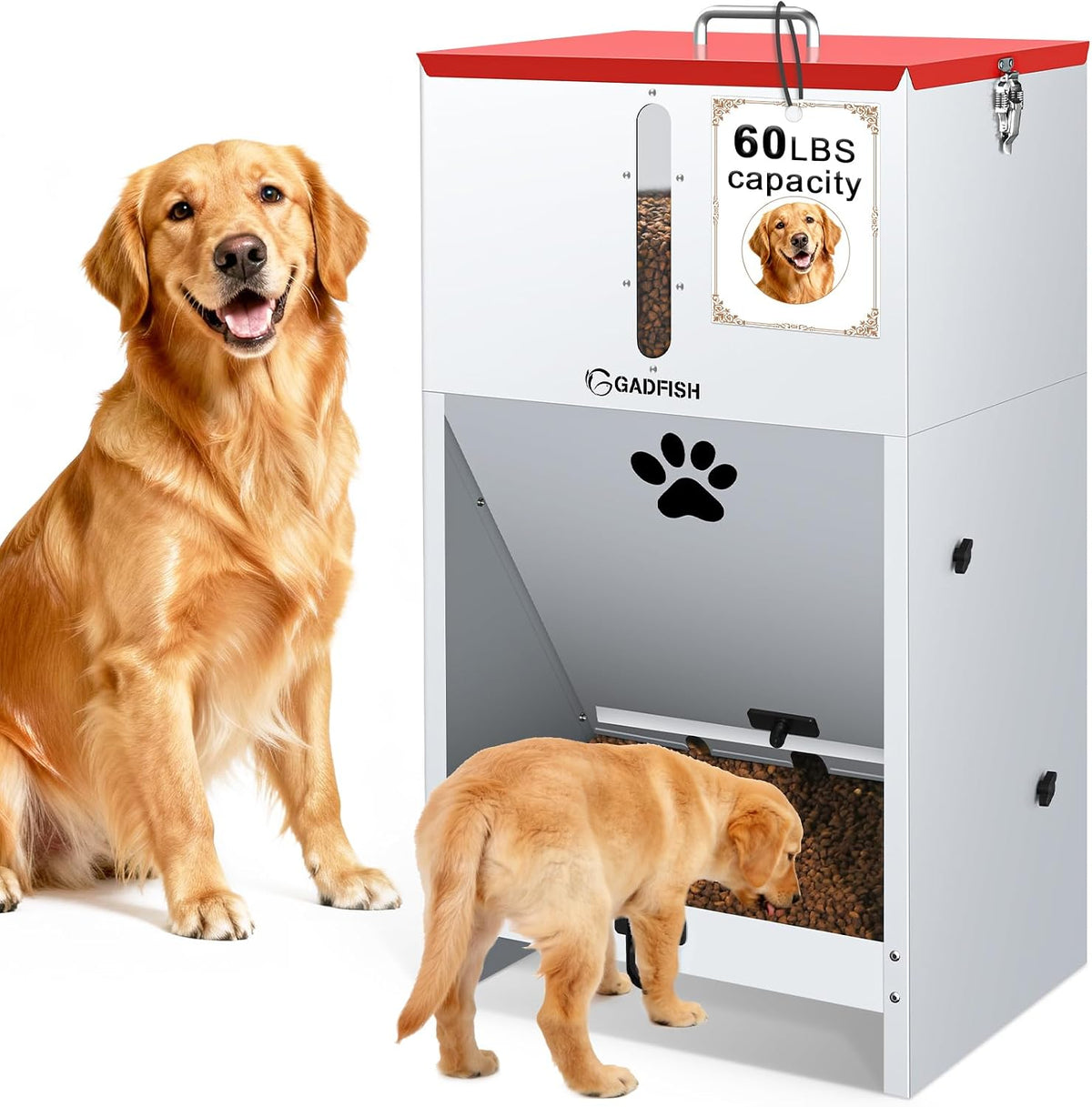 GADFISH 60 Lbs Large Automatic Dog Feeder, Outdoor Heavy Duty Pet Feeder for Large Breed Dogs, with Viewing Window and Lockable Door