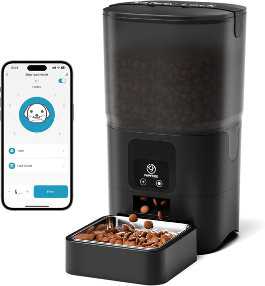 PAPIFEED Automatic Cat Feeder with App, Wifi Auto Cat Feeder, 6L Slow-Feed Cat Food Dispenser for Dry Food, Dual Power Supply Timed Pet Feeder for Small Dog, 10 Meals/Day, 12 Portions/Meal, White