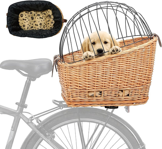 Rear Bike Basket for Dogs, Wicker Pet Bicycle Carrier for Small Dog Cat with Protective Grille Liner Eco Friendly Natural Rattan Doggy Back Luggage Rack Seat (Brown Style1)