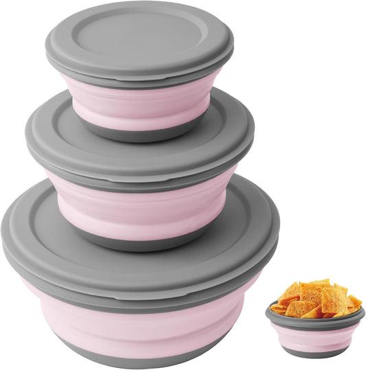 Flintronic 3Pcs Collapsible Camping Bowl Sets, Portable Silicone Bowl with Lid, Folding Bowl, Portable Salad Bowl, Folding Lunch Box for Camping, Kitchen, Hiking