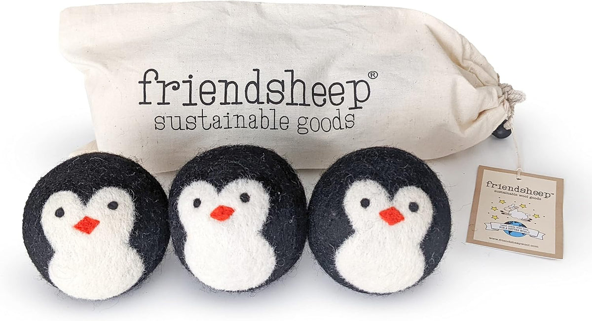 Friendsheep Wool Dryer Balls, Organic Reusable Fabric Softener Alternative for Laundry, Handmade, Fair Trade, Hypoallergenic, Eco-Friendly, Plastic-Free (3 Pack XL – Penguin)