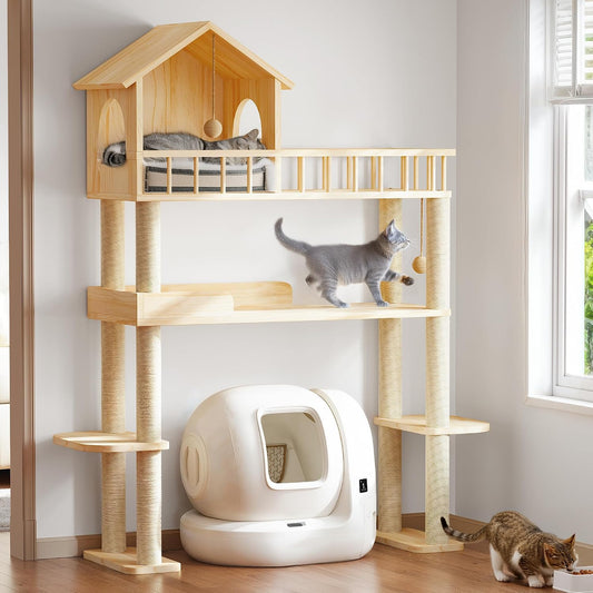 60'' Cat Tower for Automatic Litter Box, 4 Tier Wood Cat Tree