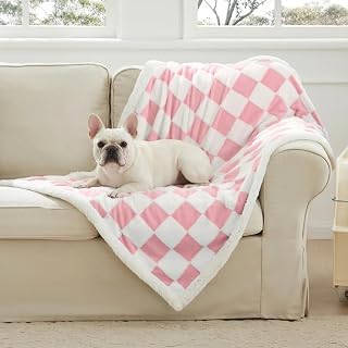 Ohocut Checkered Dog Blanket, Pink Jacquard Sherpa Blankets for Small Dog and Cats, Cute Aesthetic Style Fluffy Fleece Pets Blanket for Couch Protection Washable, 25"X35"