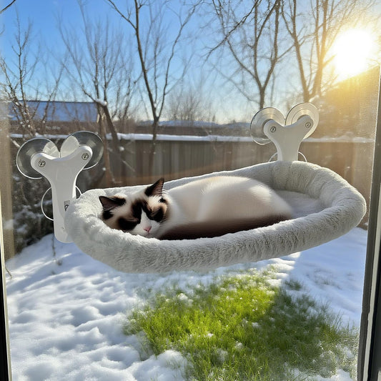 Cat Window Perch with 6 Strong Suction Cups,Mats That Can Be Switched between Winter and Summer,Foldable Cordless Cat Beds Can Bear to 50LBS Weight (Grey)