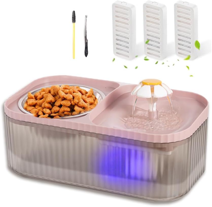 Marchul Cat Water Fountain and Stainless Steel Food Bowl, 100Oz/3L Super Quiet Automatic Pet Water Dispenser with Smart Pump and 3 Replacement Filters for Cats and Small Dogs, Pink