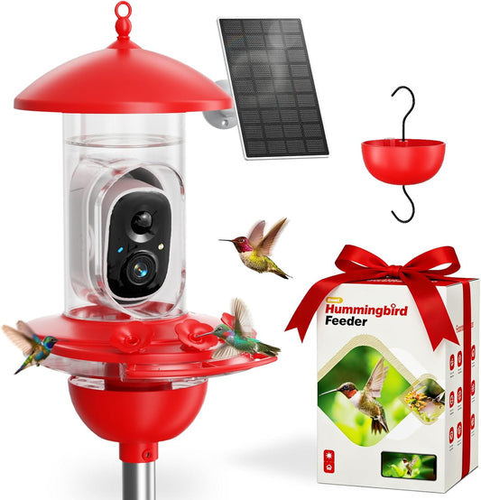 Hummingbird Feeder with Camera Outdoor, 5MP HD Smart Hummingbird Feeder Camera Solar Powered, AI Bird Identification, Ant Moat & Bee Proof, APP Alerts, Hanging or Pole Mount, Gift for Bird Lovers