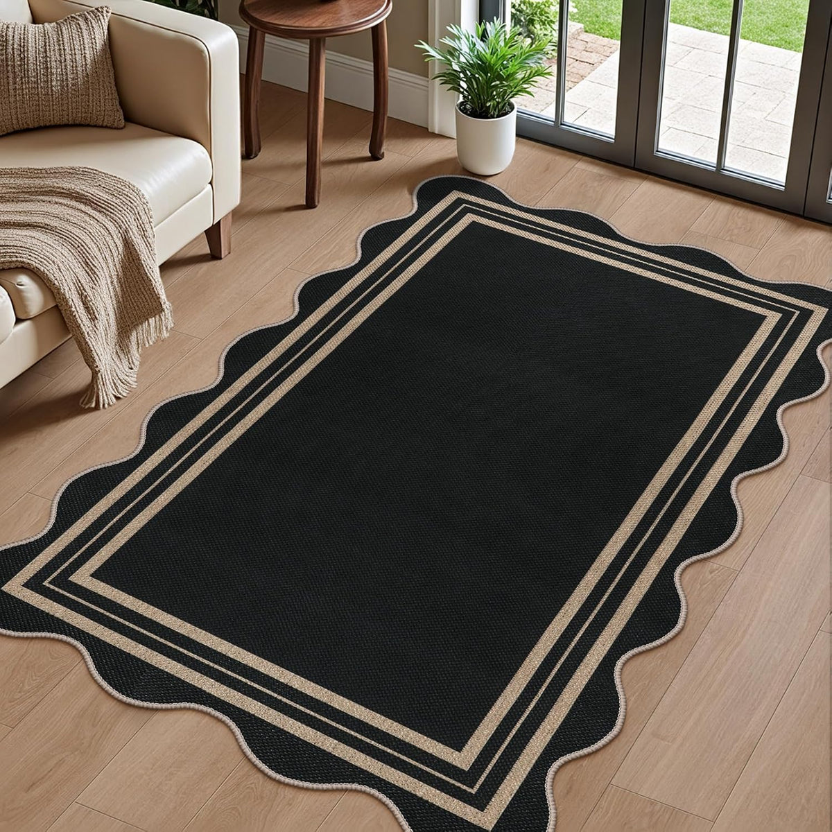 Scalloped Easy Jute 3X5 Front Door Mat, Washable Rugs for Entryway Black Outdoor Patio Rug, Farmhouse Neutral Non Slip Indoor Carpet for Porch Backyard