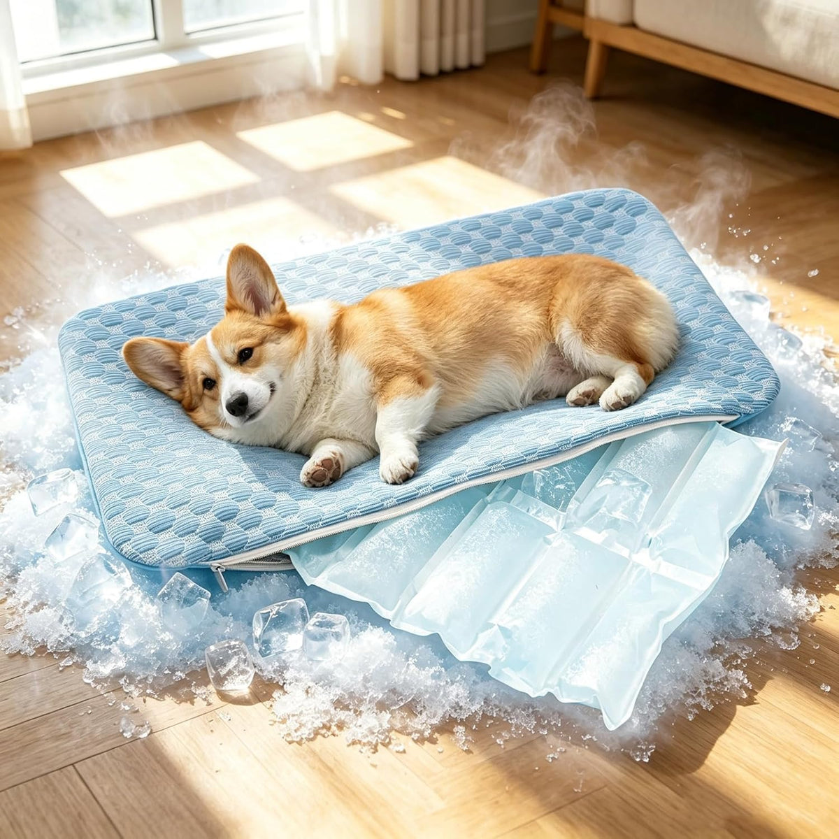 GOLOPET Dog Cooling Mat, 2 in 1 Pet Cooling Mat for Dogs, Dual-Sided Pet Cool & Warm Pad with Built-In Ice Bag, Summer Cooling Winter Warm Pet Mat for Dogs Cats(Blue Small)