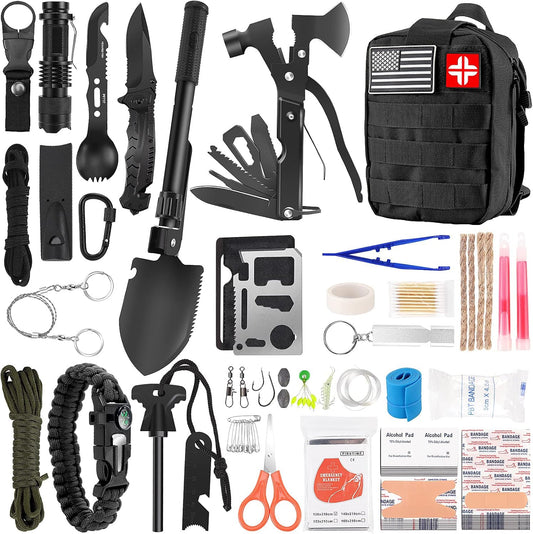 LUXMOM Emergency Survival Kit and First Aid Kit, 142Pcs Professional Survival Gear and Supplies Equipment with Molle Pouch, Gift for Christmas Men Dad Husband Camping Hiking Hunting Outdoor Adventure