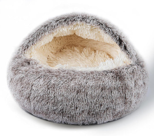 Cat Bed for Indoor Cats, Calming Cozy Cave with Self-Warming Plush, Entire Bed Machine Washable & Anti-Slip Base, Breathable Pet Bed for Small Cats&Dogs All Seasons (Khaki, 22 * 22Inch)