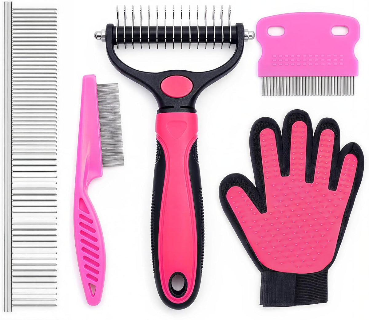 5-In-1 Pet Grooming Kit, Dog Deshedding Tool with Dematting Comb, Flea Comb, Long Handle Fine Tooth Comb, Steel Comb & Silicone Grooming Glove for Effective Pet Hair Removal, for Dogs & Cats-Pink