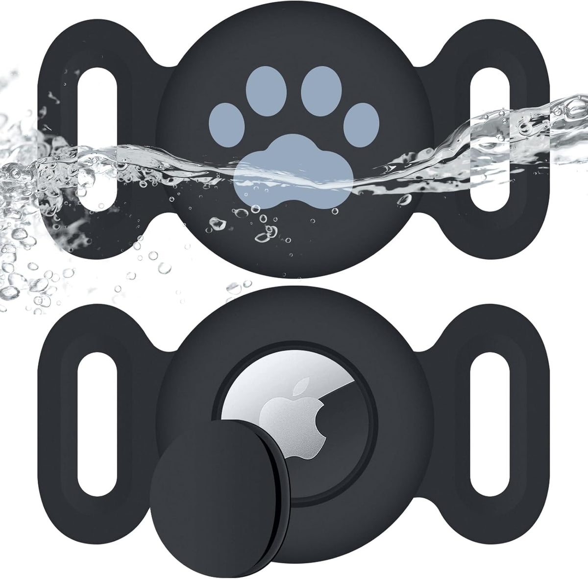Waterproof Collar Holder Compatible with Airtag (2 Pack), Protective Anti-Lost Case for GPS Tracker, Silicone Collar Holder for Pets (Black/Black)