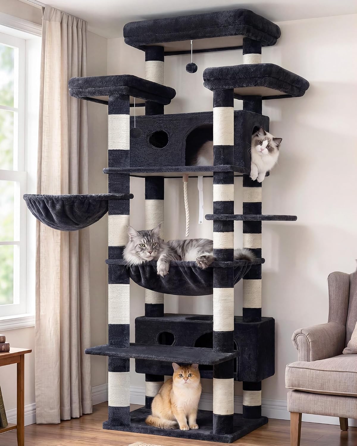 Gitelsnour Cat Tree, 74" Tower for Large Cats, Big Condo & Hammock GCT030W