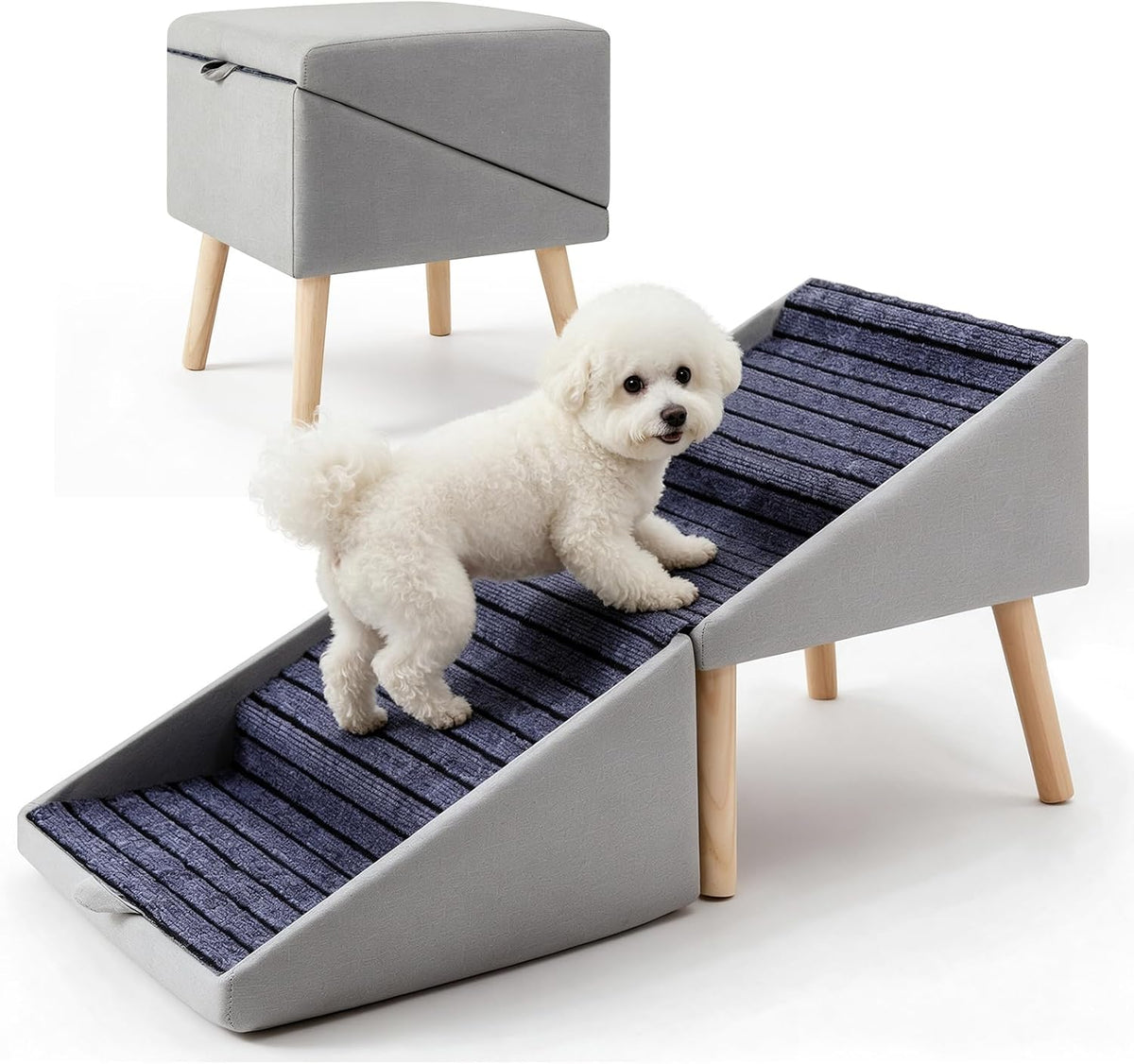 PETWAY Pet Stairs for Small Dogs, 17" H 4‑Step Non‑Slip Dog Ramp for Couch Low Bed 2‑In‑1 Foldable Wooden Pet Stairs & Steps with Split Ottoman Design