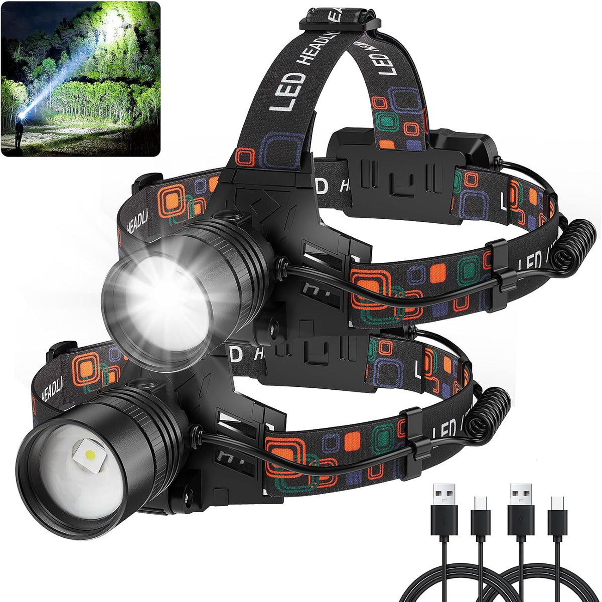 Rechargeable Headlamp 2Pack, 99000 Lumens Super Bright LED Head Lamp with 3 Modes, 90° Adjustable Head Lights for Forehead, 45H Long Runtime & IPX6 Waterproof Headlamps for Camping Hunting Hiking