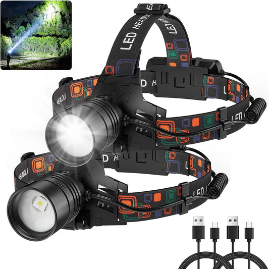Rechargeable Headlamp 2Pack, 99000 Lumens Super Bright LED Head Lamp with 3 Modes, 90° Adjustable Head Lights for Forehead, 45H Long Runtime & IPX6 Waterproof Headlamps for Camping Hunting Hiking