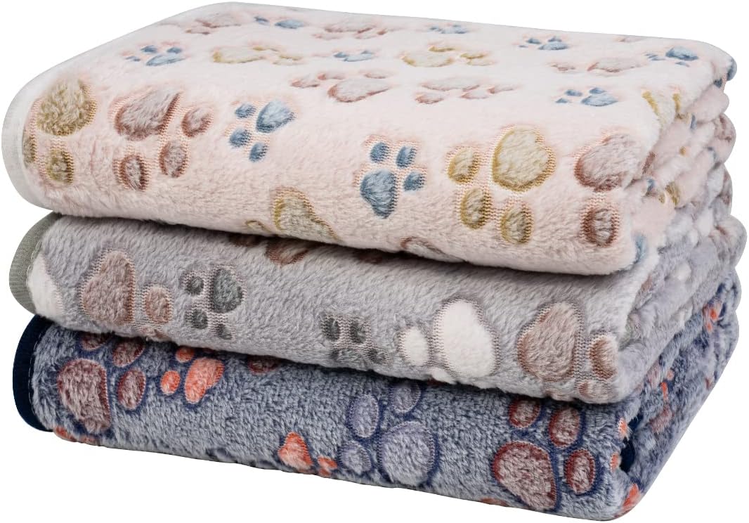 Dono 1 Pack 3 Dog Blankets, Soft Fluffy Fleece Pet Blanket Warm Sleep Mat Paw Print Design Puppy Kitten Throw Blankets Doggy Blanket for Dogs