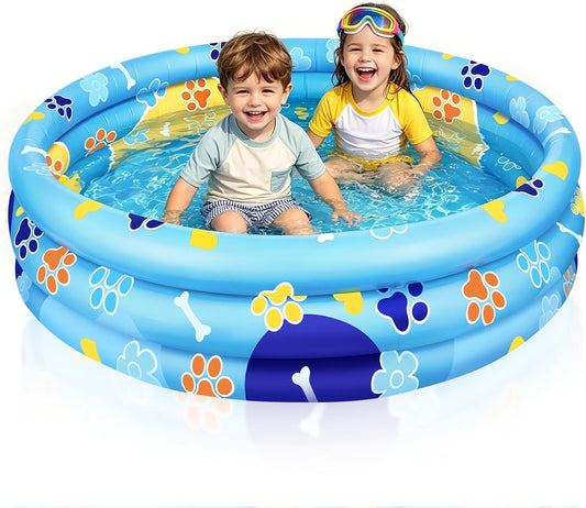 3 Rings Blue Dog Paw Print Inflatable Kiddie Pool – 4Ft Small Baby Pool