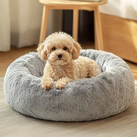 Calming Donut Dog Bed for Small Dogs, Anti-Anxiety round Washable Plush Fluffy Faux Fur Large Cat Bed, 24 Inches Fits up to 25 Lbs Pets, Anti-Slip Waterproof Mute Base Gray