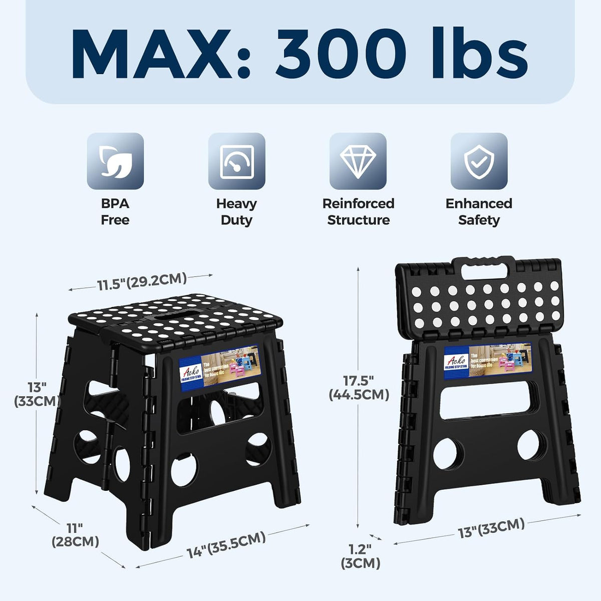 ACKO 13 Inch Folding Step Stool, Holds 300 Lb for Adults and Kids, Black
