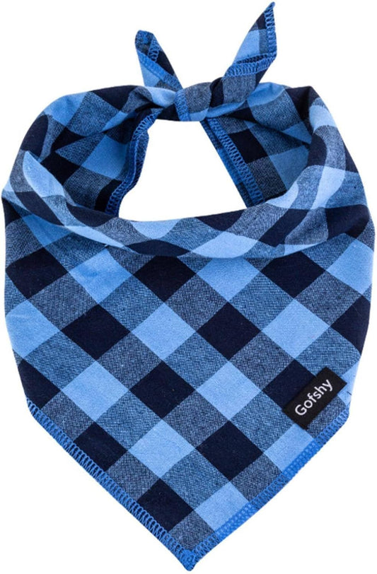 Boy Dog Bandana Large Cotton, Blue Black Buffalo Plaid Scarf