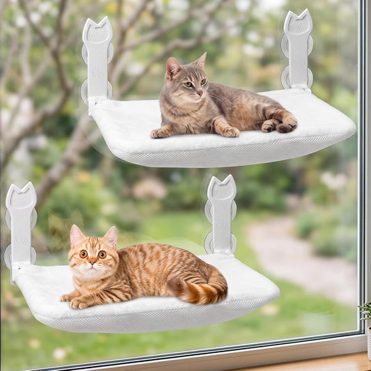 2 Pack Cat Window Perch,Cat Window Hammock Cordless Foldable Window Bed with 4 Large Strong Suction Cup,Reversible Cushion Cover,Metal Frame Easy to Adjust Window Seat Holds up to 40Lbs(White
