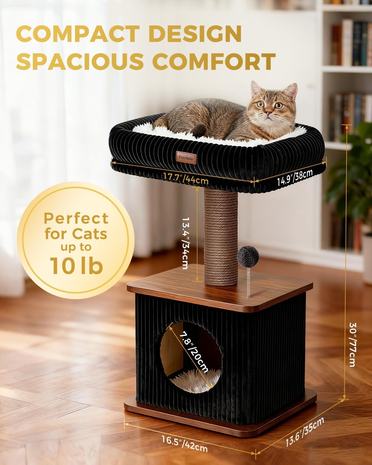 30" Small Cat Tree, Wood Cat Tower with Sisal Scratching Posts