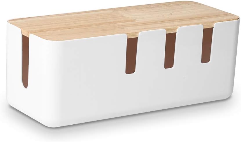 Cable Management Box by Baskiss, 12X5X4.5 Inches, Wood Lid, Wire Organizer for Desk TV Computer USB Hub System to Cover and Hide & Power Strips & Cords